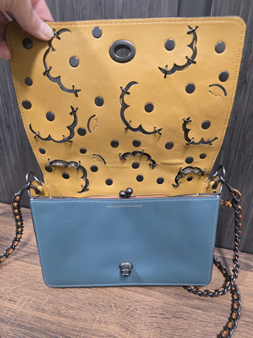 Coach Tea Rose Parker 18 Shoulder Bag Blue Floral Applique Glovetanned Leather